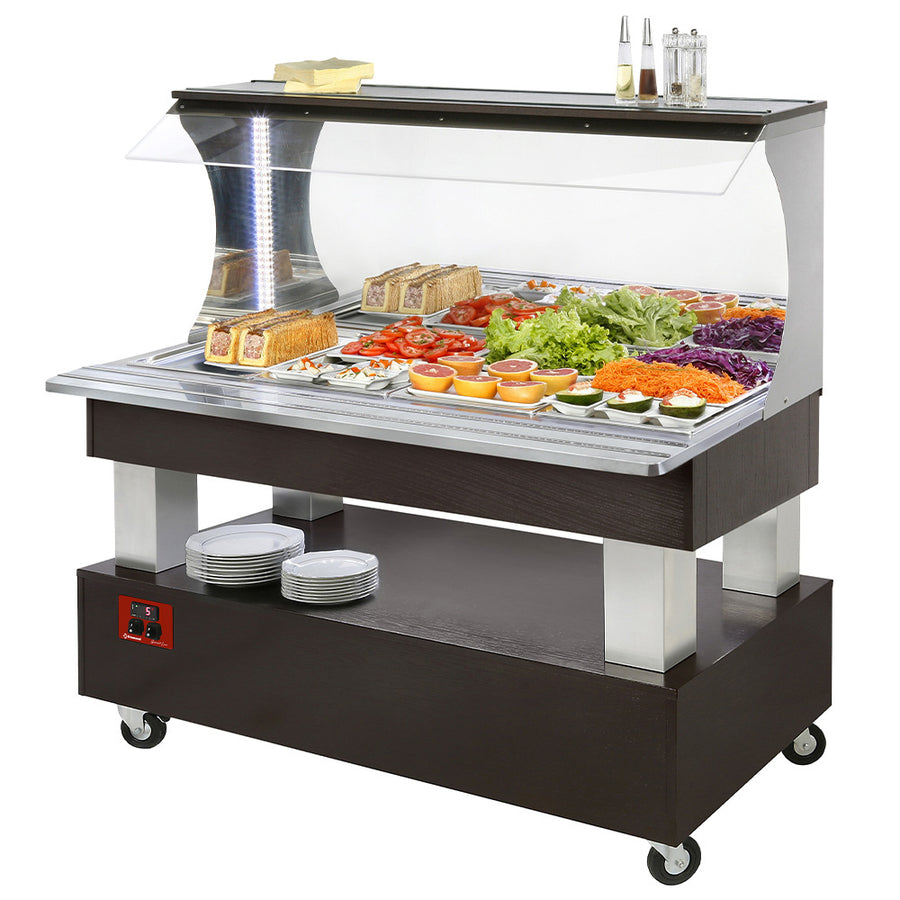 Buffet réfrigéré Diamond Salad bar mural en bois Wengé, 4 compartiments GN 1/1, idéal pour présentation de salades.
