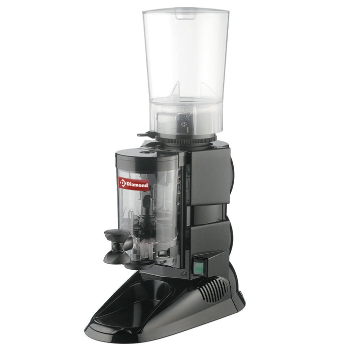 Moulin à café automatique Diamond avec doseur pour bar à café ou salon de thé, en acier inoxydable, vue de face.