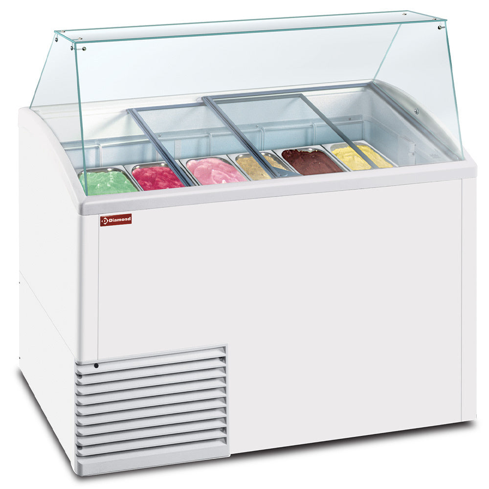 Comptoir présentoir pour crème glacée Diamond avec 10 bacs réfrigérés statiques de 5 litres chacun, vitrine pour dessert glacé.