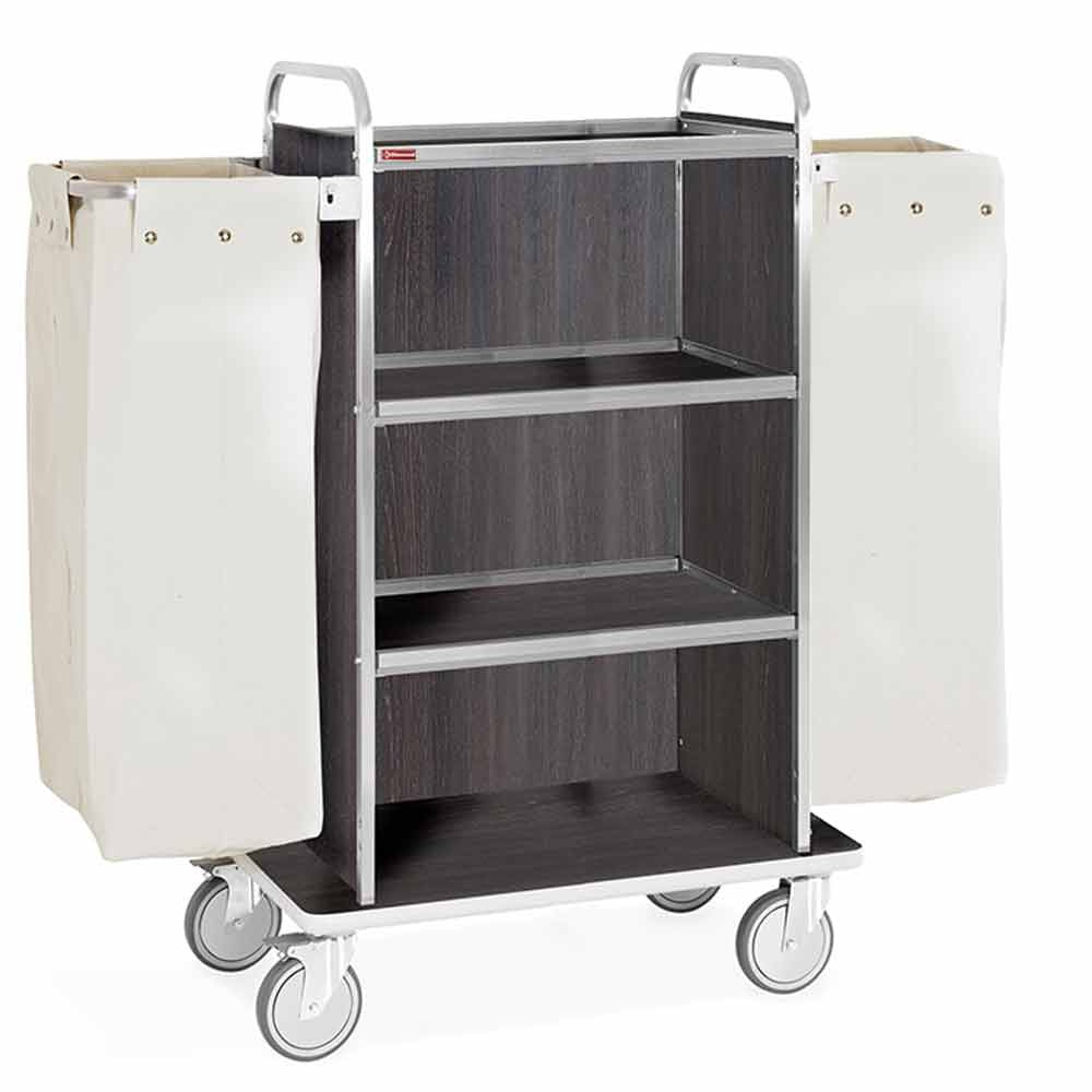 Chariot à linge inox, 4 niveaux, 2 sacs -chêne foncé