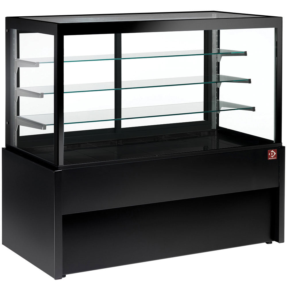 Vitrine chauffante panoramique Diamond, comptoir expo 560/590, 4 niveaux, sans réserve, finition noire, pour présentation d'aliments.