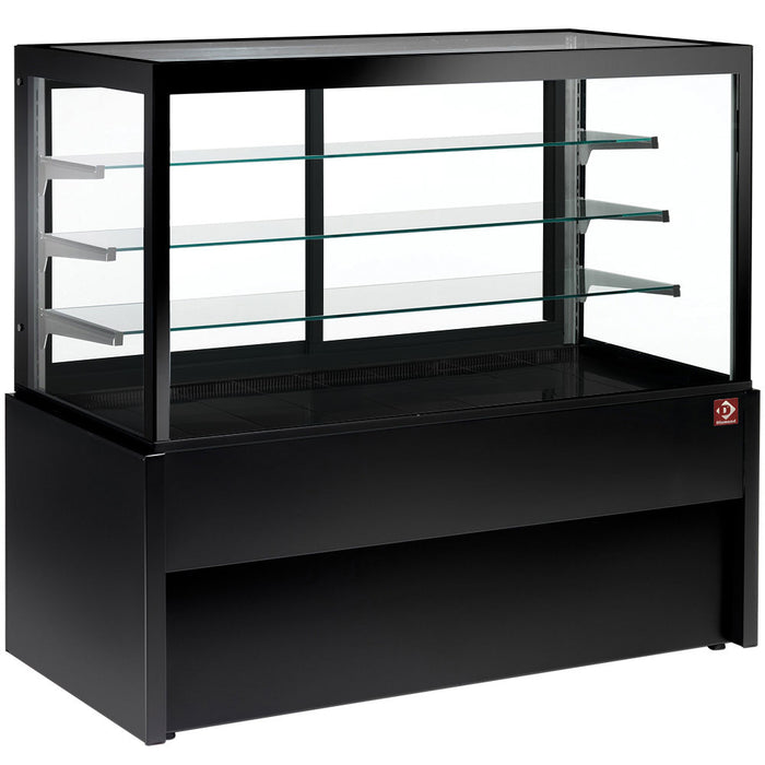 Vitrine neutre Diamond Expo 560/590 avec 4 niveaux, comptoir panoramique noir sans réserve, design moderne et élégant
