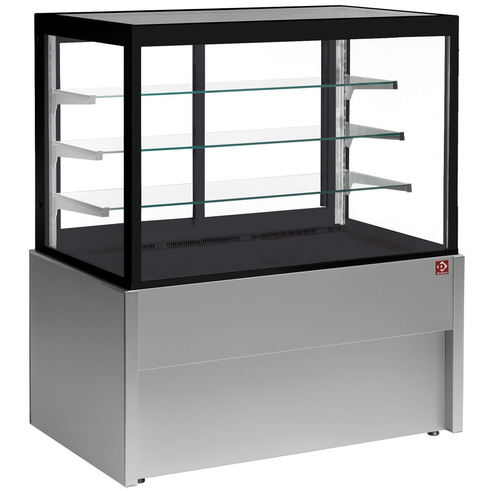 Vitrine panoramique neutre Diamond, comptoir d'exposition gris avec 4 niveaux, sans réserve, pour présentation de produits.