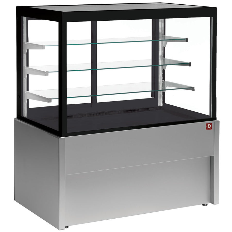 Vitrine panoramique neutre Diamond avec 4 niveaux, sans réserve, en gris, pour exposition de produits.