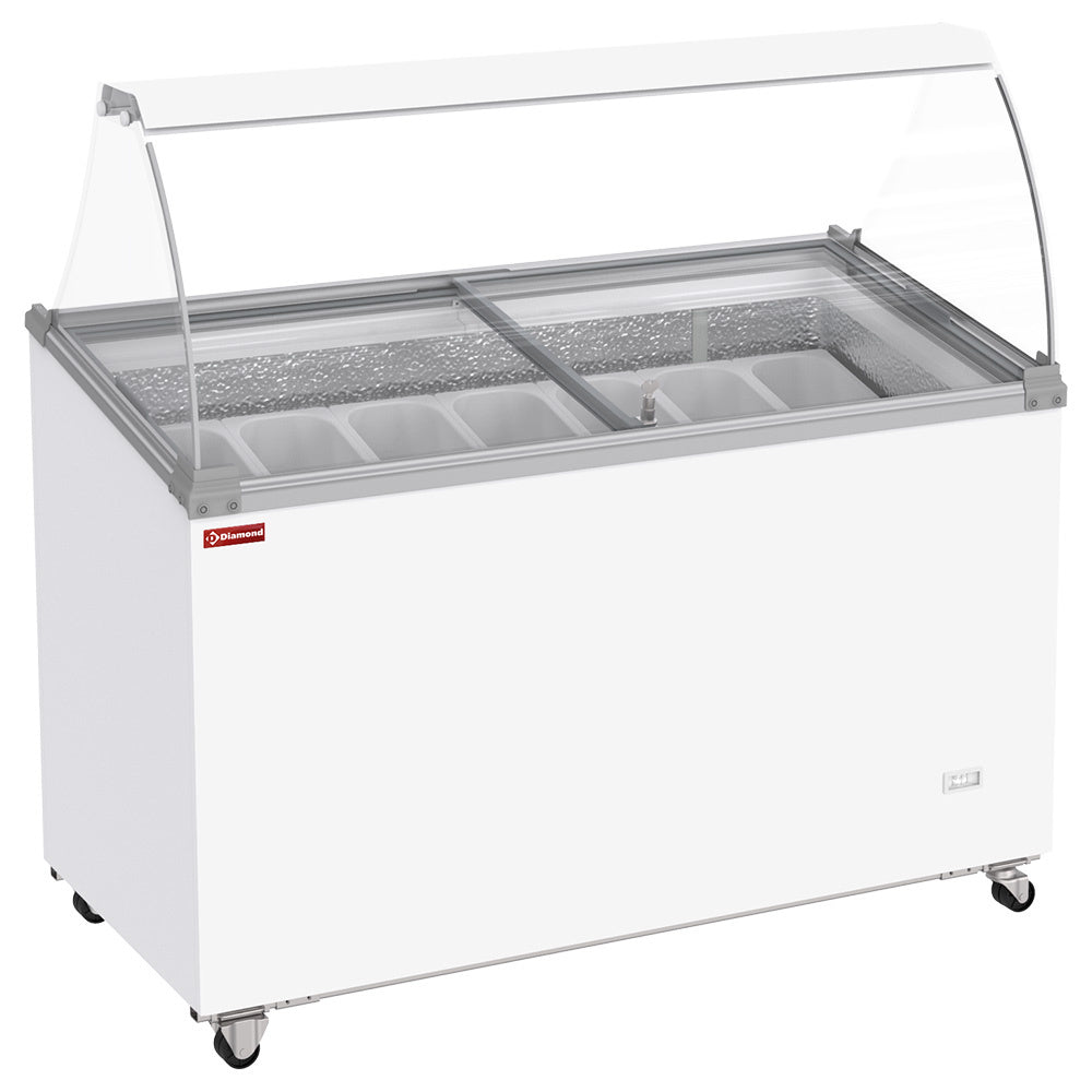 Conservateur comptoir à glaces, 381 litres, couvercles coulissants sur roulettes avec vitres bombées , capacité 7 bacs