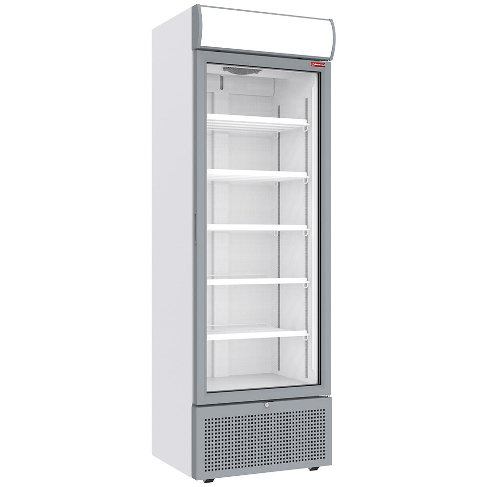 Vitrine ventilée positive blanche de 494 litres avec caisson lumineux, vitrine générique Diamond pour présentation efficace.