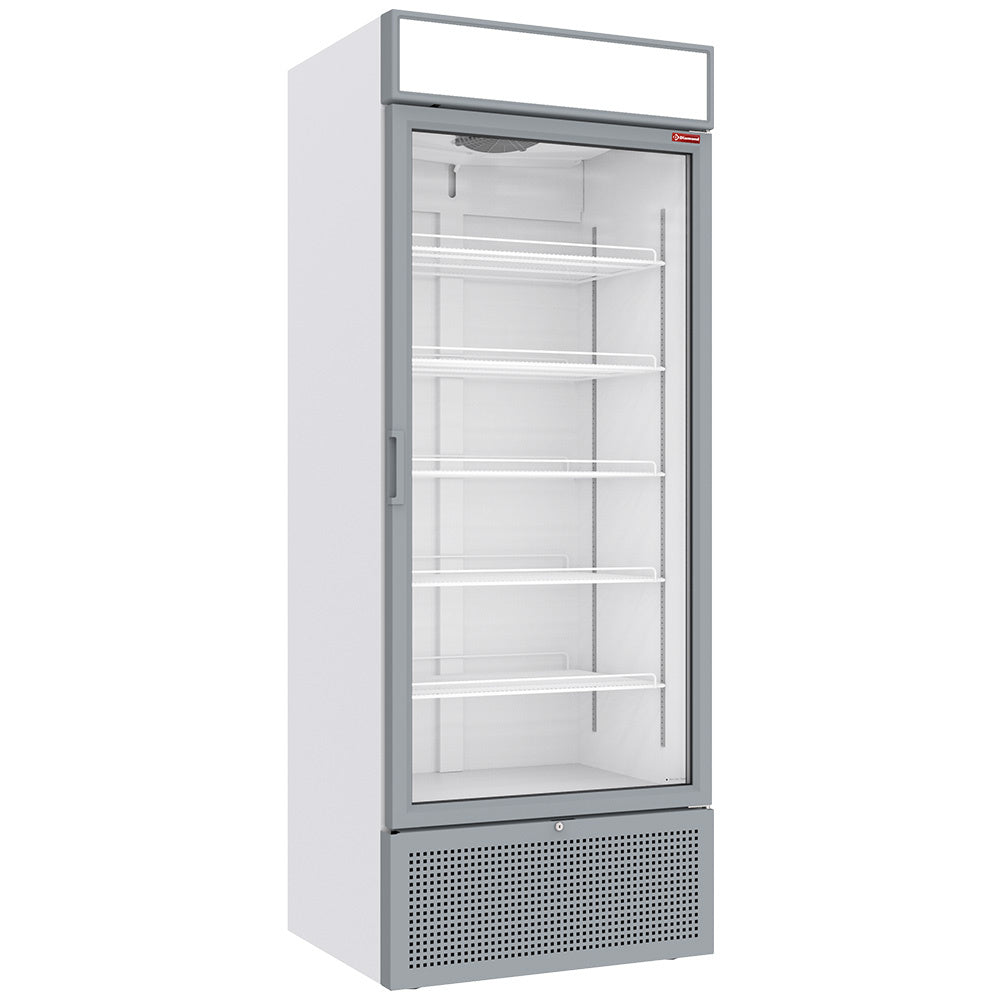 Vitrine ventilée positive blanche de 715 litres avec caisson lumineux, vitrine de présentation pour produits.