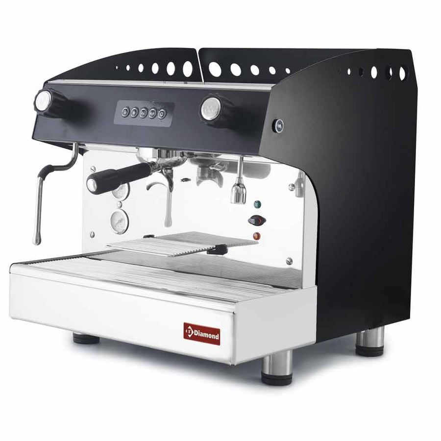 Machine à café automatique Diamond 1 groupe noir, vue de face avec panneau de commande et porte-filtre visible.