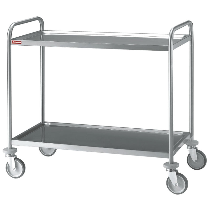 Chariot de service universel Diamond à 2 niveaux avec poignées et plateaux en métal, idéal pour le transport et la service.