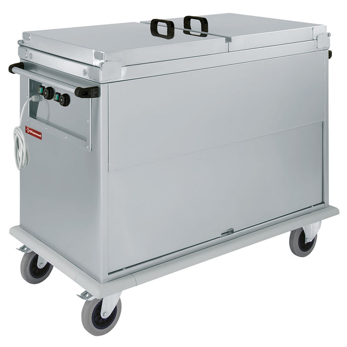 Chariot bain marie 2x GN 1/1, 2 T°, couvercles, armoire porte basculante