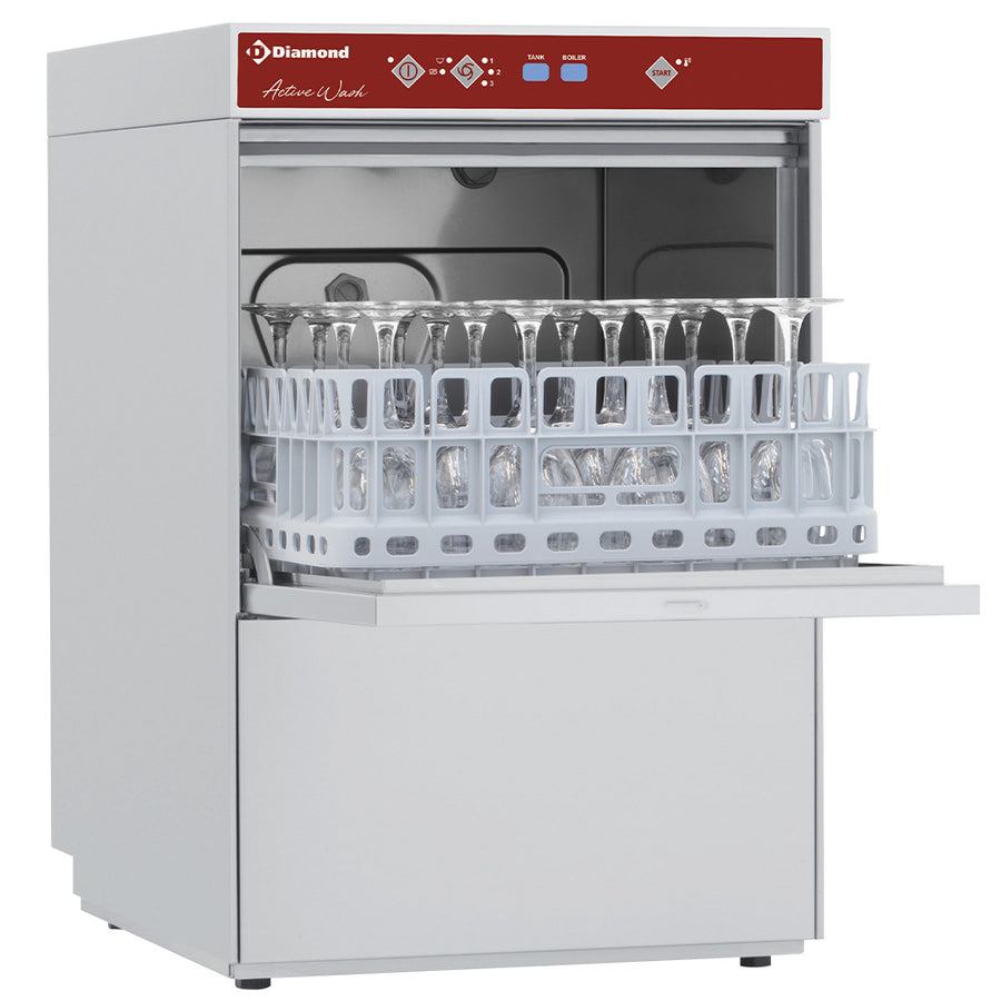 Panier carré à lave-verres Diamond 400x400 mm avec structure en acier robuste et espace pour nettoyer les verres efficacement.