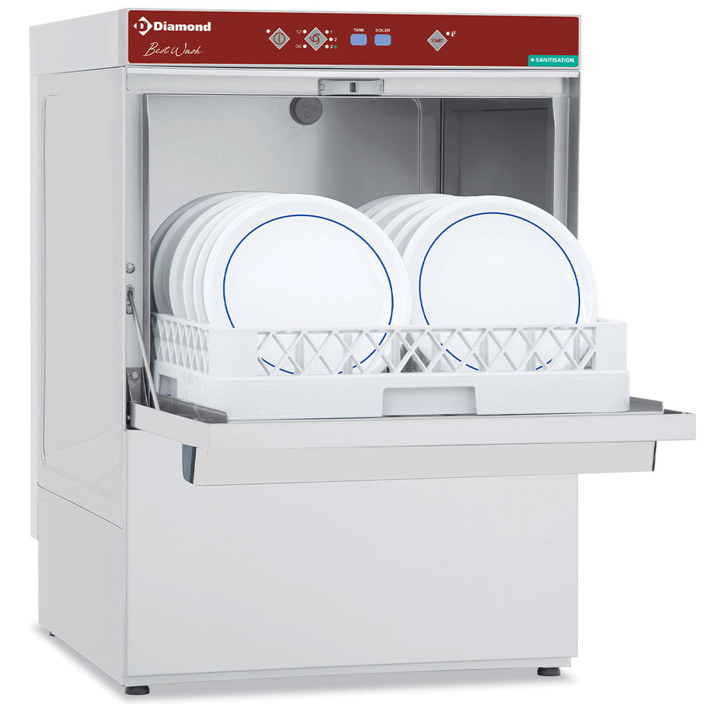 Panier lave-vaisselle Diamond Full Hygiène, dimensions 500x500 mm, en acier inoxydable avec compartiments pour la vaisselle.