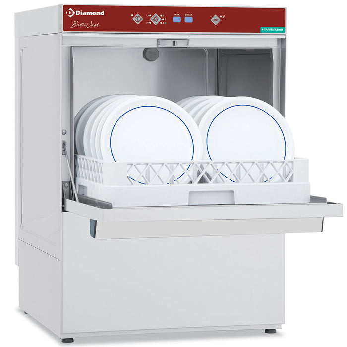 Panier lave-vaisselle Diamond Full Hygiène, dimensions 500x500 mm, en acier inoxydable avec compartiments pour la vaisselle.