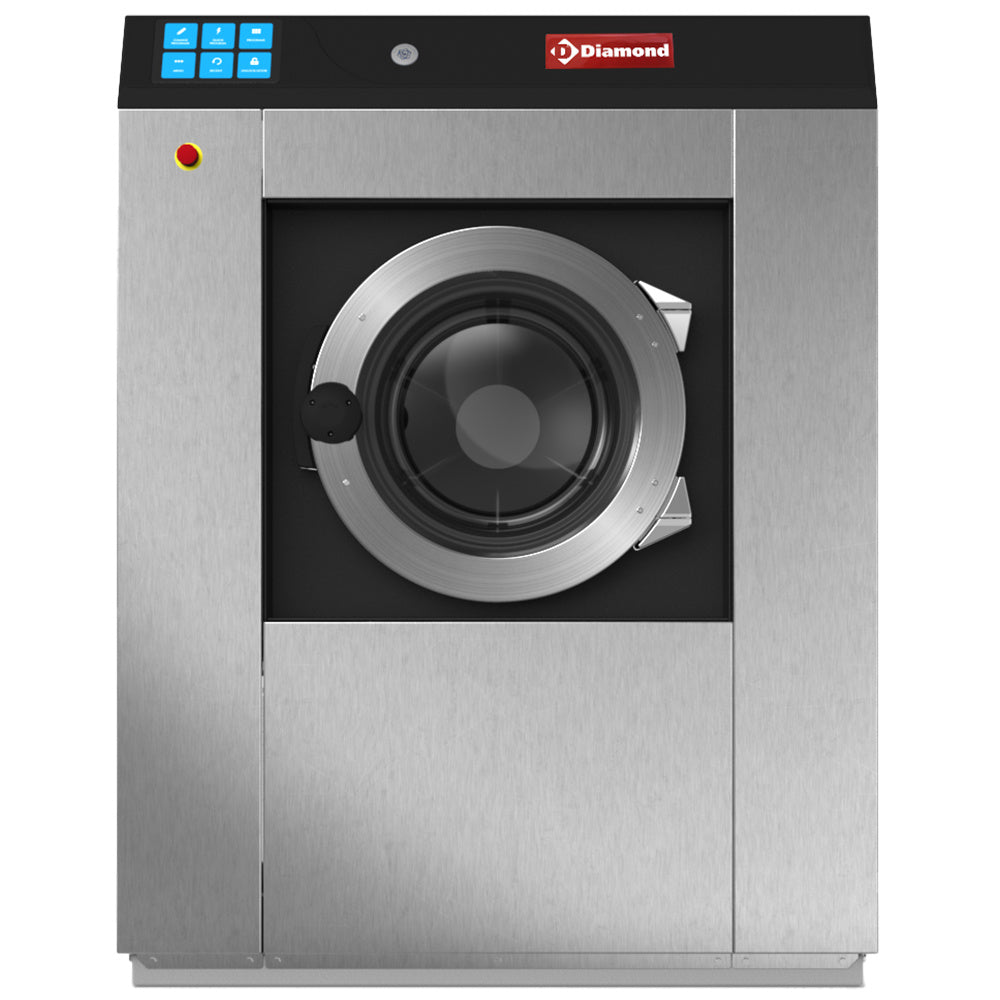Lave-linge Diamond à super essorage 23 kg en inox, appareil électroménager avec cycle de lavage puissant.