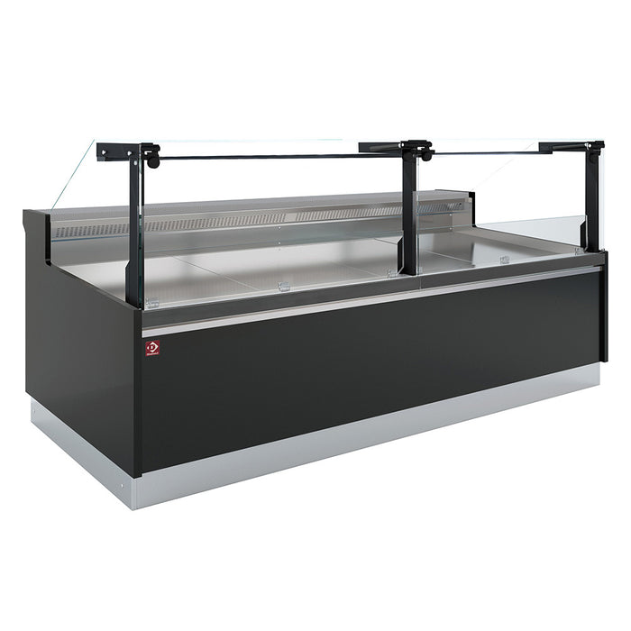 Comptoir ventilé Diamond noir avec réserve, vitre verticale à 90° et relevage à piston, pour réfrigérés et expo 810/900.