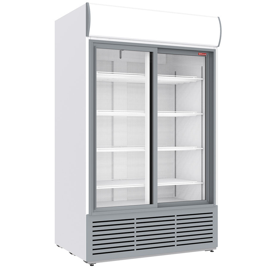 Vitrine ventilée positive Diamond pour bouteilles et canettes, 1230L, caisson lumineux blanc, 2 portes coulissantes.