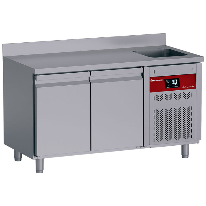 Table frigorifique murale ventilée Diamond avec 2 portes GN 1/1, évier intégré, capacité 260 litres, réfrigérée 2 portes A/dos.