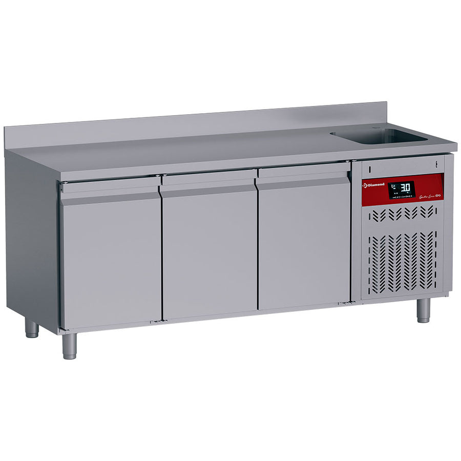 Table frigorifique "murale" ventilée, 3 portes GN 1/1, 405 Lit. avec évier