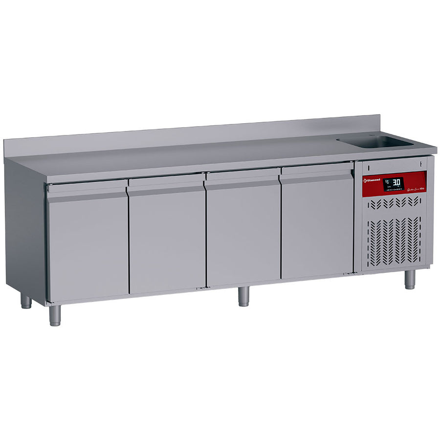 Table frigorifique "murale" ventilée, 4 portes GN 1/1, 550 Lit. avec évier
