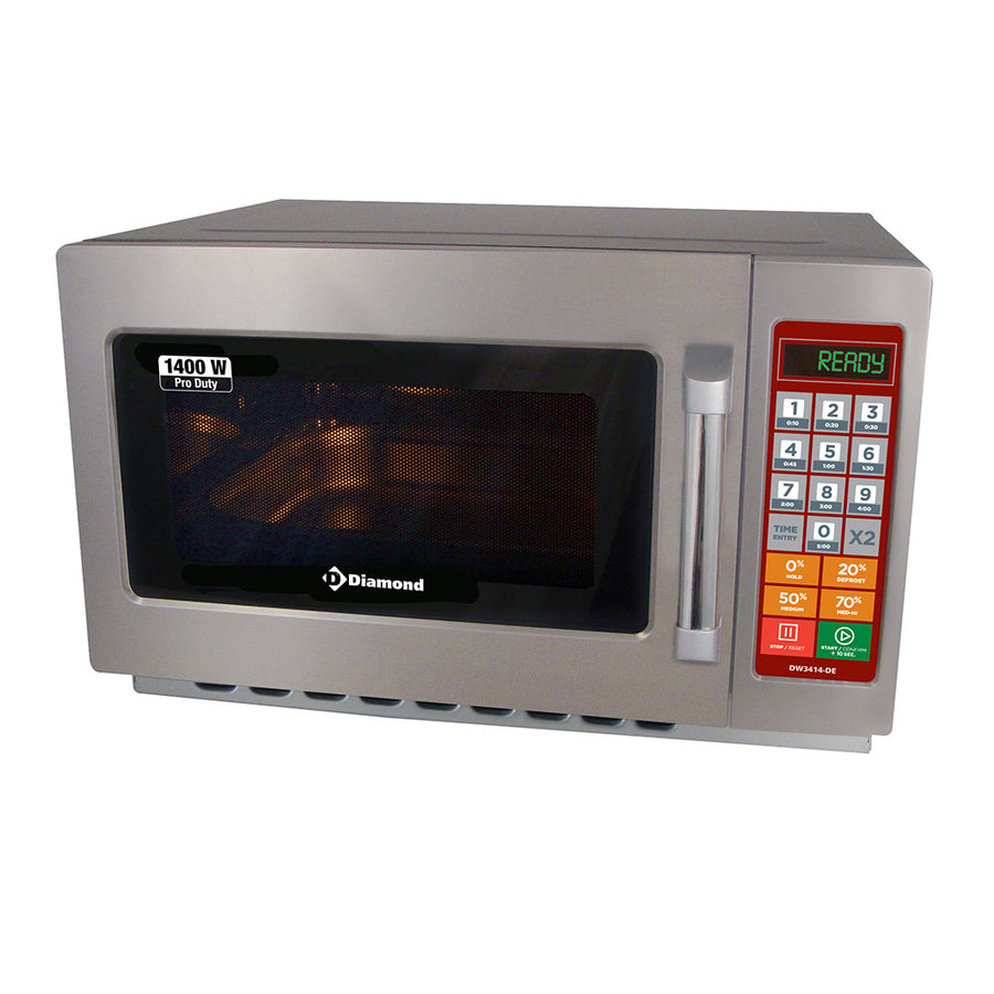 Quatre micro-ondes en inox Diamond 1400 W, 34 L, digital et programmables, vue de face avec écran numérique.