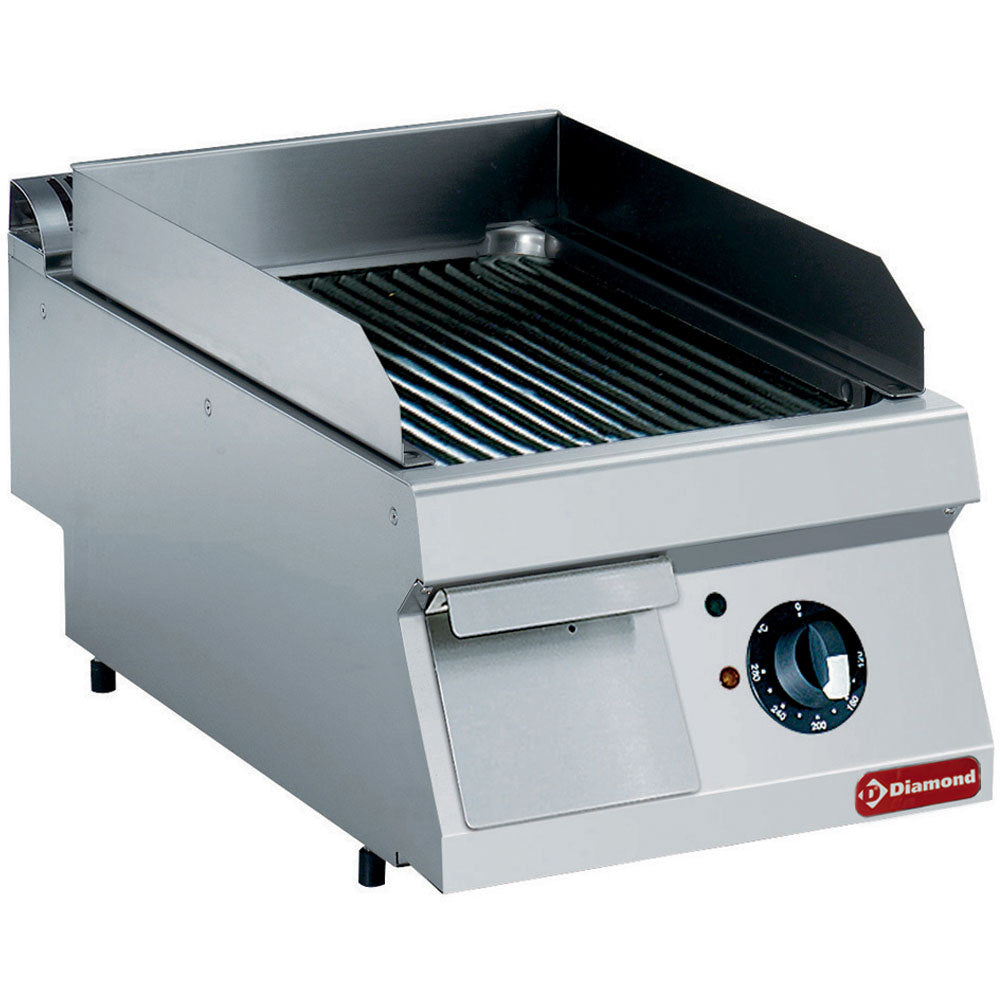 Plaque de cuisson électrique rainurée Diamond, surface en acier inoxydable avec zones de cuisson rainurées pour cuisson uniforme.