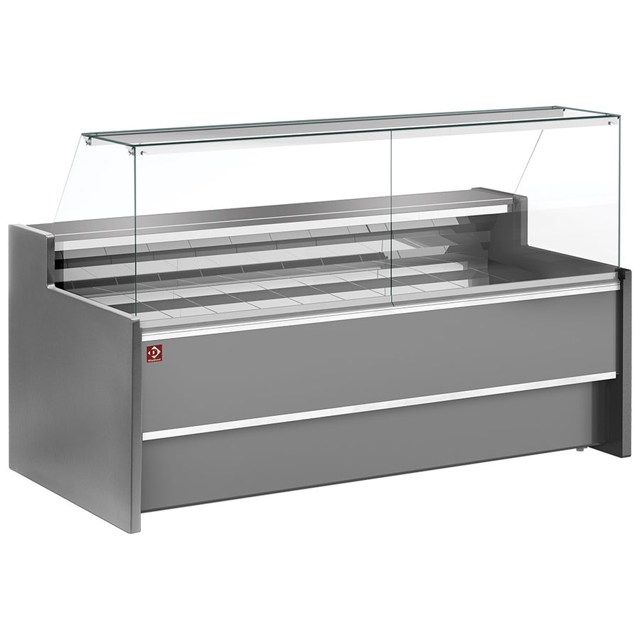 Comptoir vitrine réfrigéré à vitre droite 90°, ventilé, avec réserve - GRIS