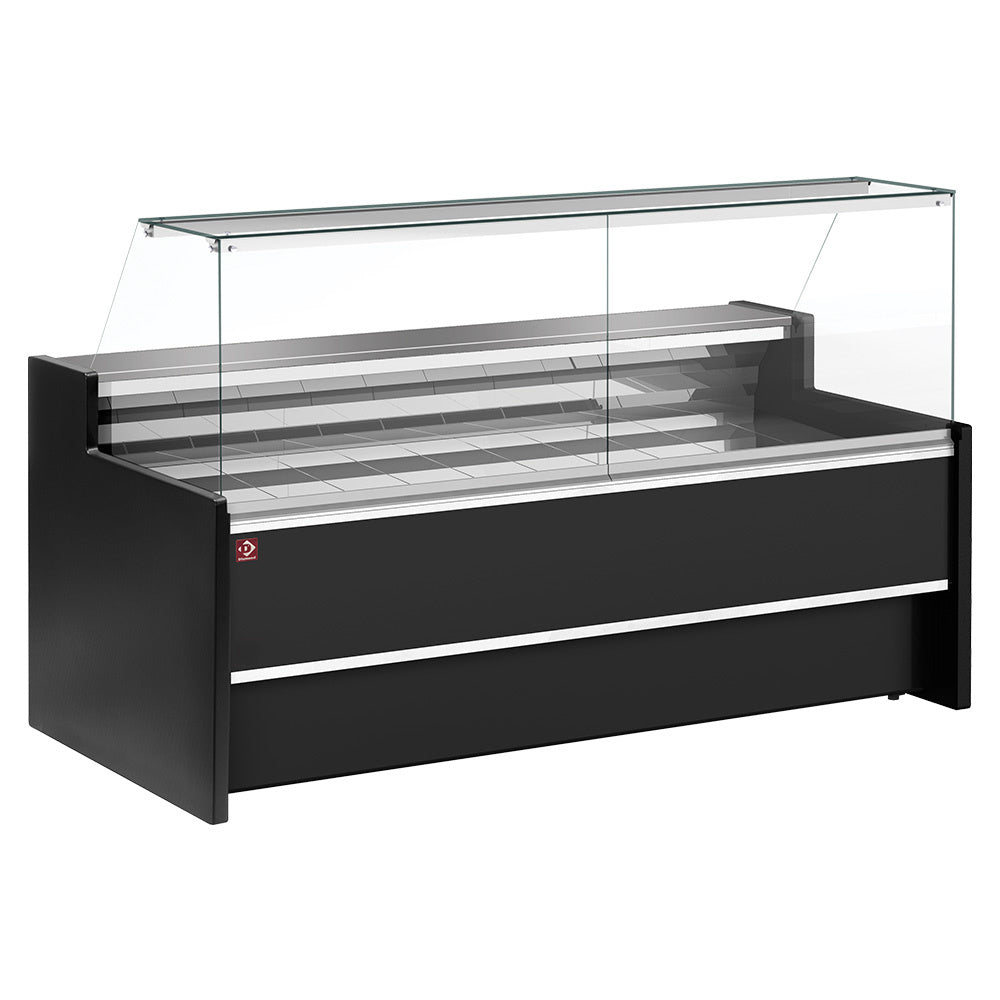 Comptoir vitrine réfrigéré à vitre droite 90°, ventilé, avec réserve - NOIR