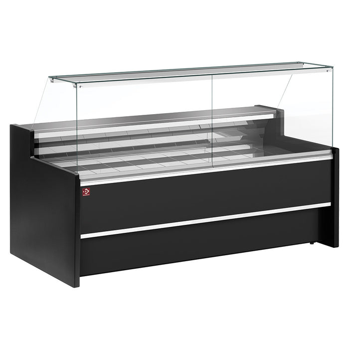 Vitrine réfrigérée Diamond noire avec porte vitrée droite à 90°, ventilation, réserve intégrée, pour exposer produits alimentaires.