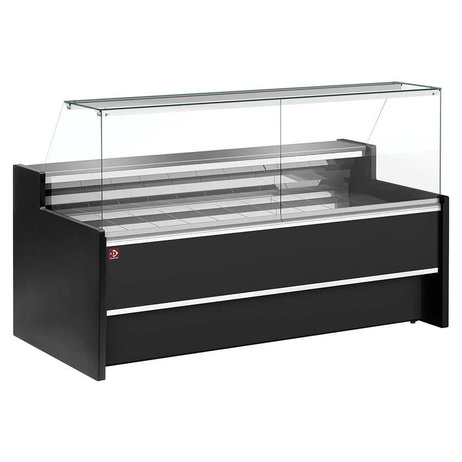 Vitrine réfrigérée Diamond noire avec porte vitrée droite à 90°, ventilation, réserve intégrée, pour exposer produits alimentaires.