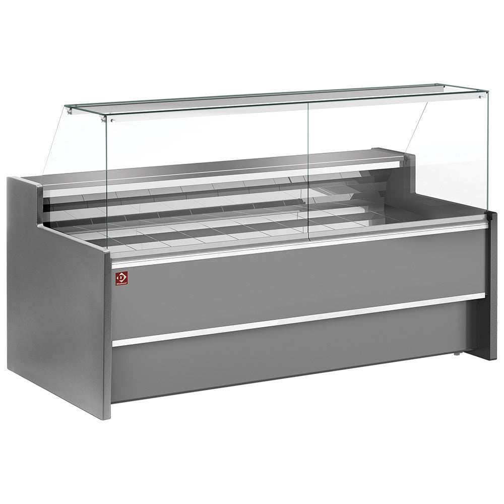 Comptoir vitrine réfrigéré à vitre droite 90°, ventilé, avec réserve - GRIS
