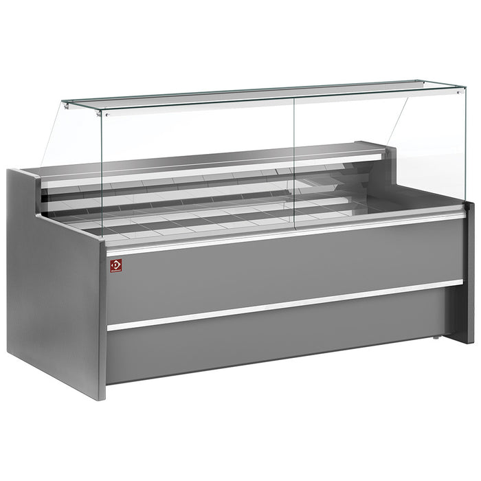 Comptoir vitrine réfrigéré à vitre droite 90°, ventilé, avec réserve - GRIS