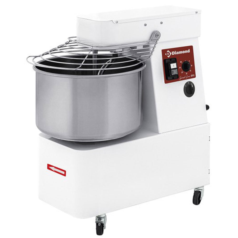 Pétrin à spirale Diamond de 53 litres avec 2 vitesses, minuterie et roulettes pour pâtisserie professionnelle.