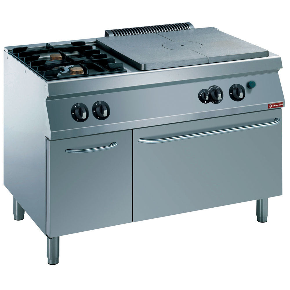 Fourneau 2 feux, 1 taque coup de feu, four gaz GN 2/1, armoire neutre