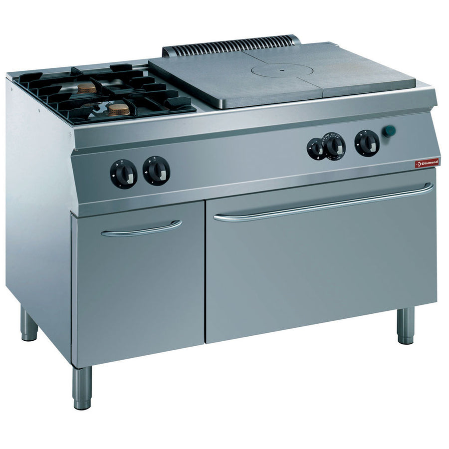 Fourneau 2 feux, 1 taque coup de feu, four gaz GN 2/1, armoire neutre
