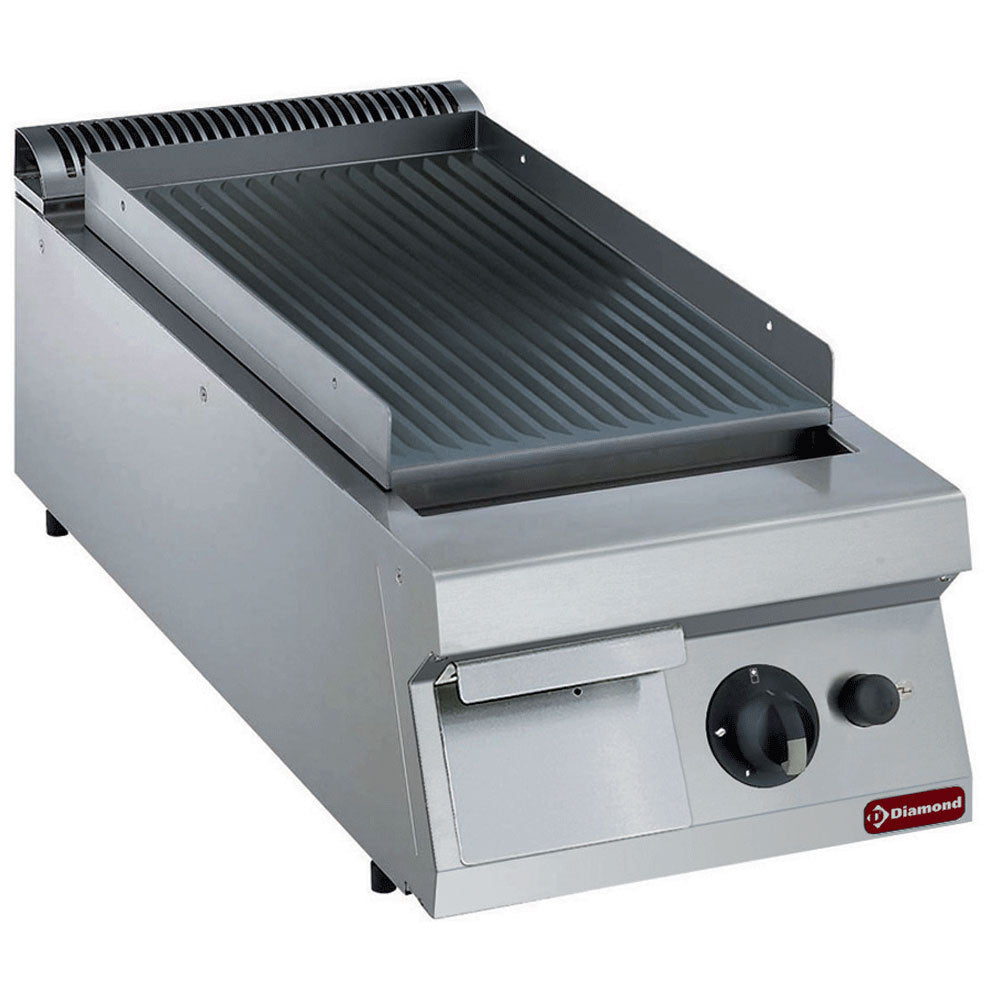 Plaque de cuisson gaz rainurée Diamond, modèle TOP, en acier robuste avec brûleurs intégrés pour cuisine efficace.