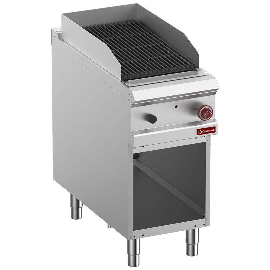 Grill pierre de lave, module 1/2, grille "2 faces" en fonte, armoire ouverte