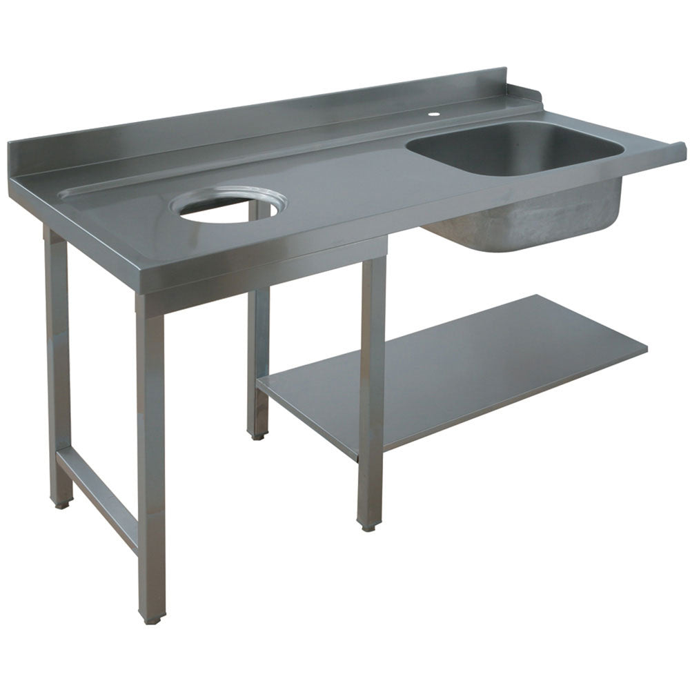 Table d'entrée pour prélavage Diamond, modèle gauche, avec surface en acier inoxydable et compartiments pratiques.