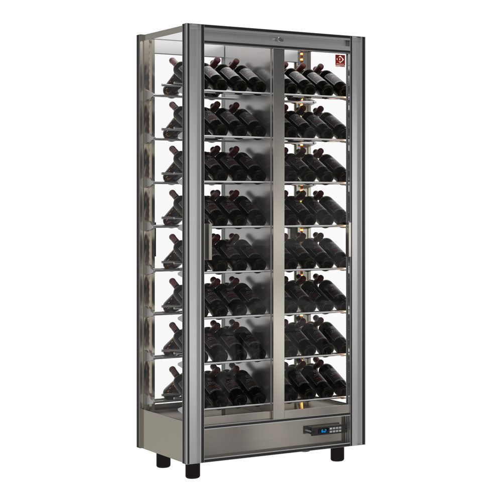 Vitrine réfrigérée à vins Diamond modulable de 530 litres, traversante, avec portes en verre et étagères pour conservation.