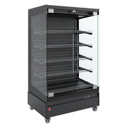 Vitrine chauffante Diamond, modèle Full Black, avec porte vitrée et roulettes, idéale pour garder les aliments chauds en libre-service.