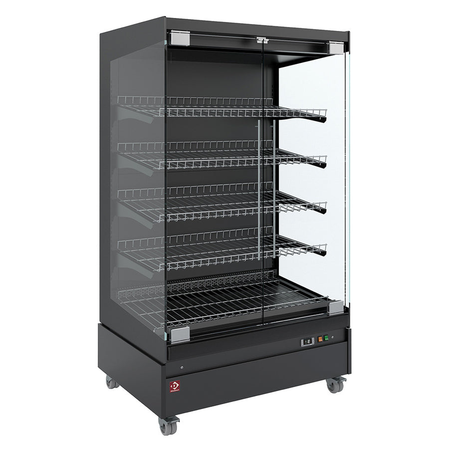 Vitrine chauffante Diamond, modèle Full Black, avec porte vitrée et roulettes, idéale pour garder les aliments chauds en libre-service.