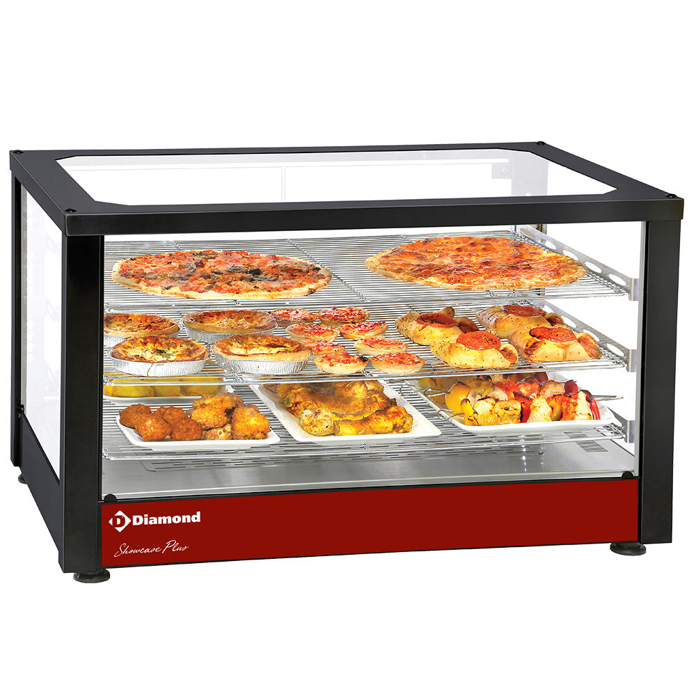 Vitrine chauffante ventilée Diamond noire à 3 niveaux panoramiques pour présentation de produits alimentaires.