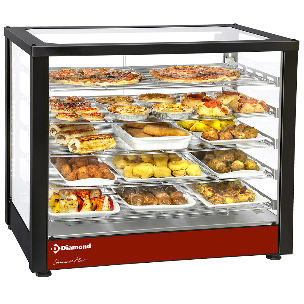 Vitrine chauffante ventilée Diamond noire avec 5 niveaux panoramiques pour présentation de produits.