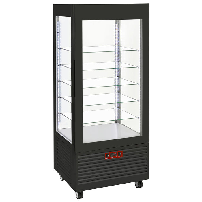 Vitrine panoramique Diamond à 4 faces, 5 étagères en verre ventilées, capacité 480 litres, noire, pour présentation de produits.
