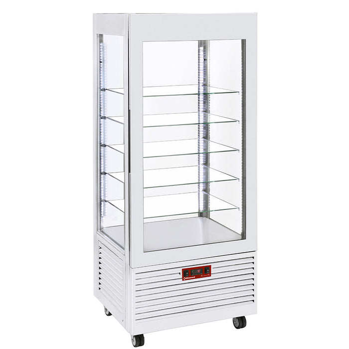 Vitrine panoramique Diamond à 4 faces, 5 étagères en verre, ventilée, capacité 480 L, blanche, pour présentation de produits.