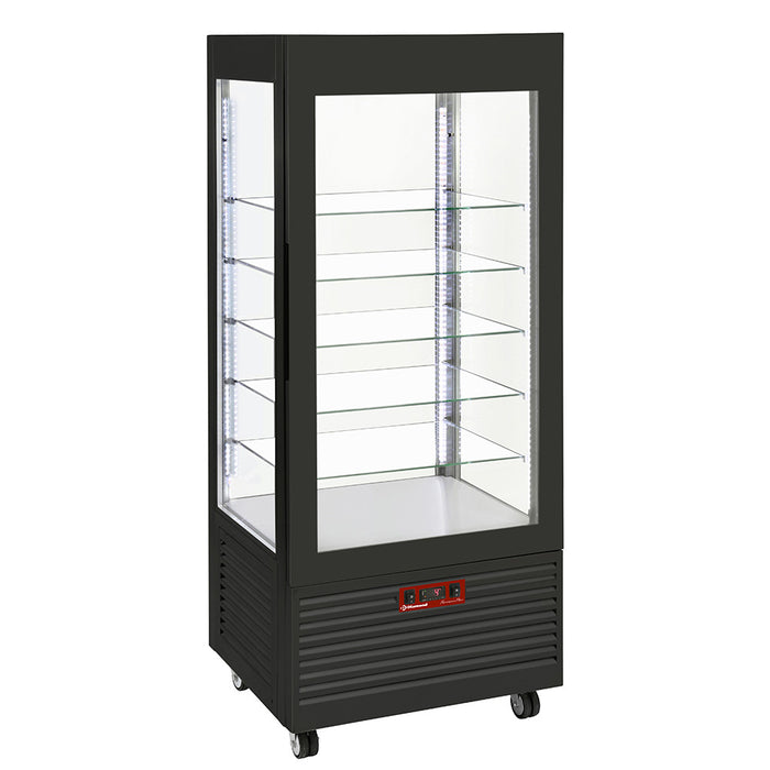 Vitrine panoramique Diamond noire à 4 faces, ventilée, 5 étagères en verre, capacité de 480 litres, affichage en intérieur