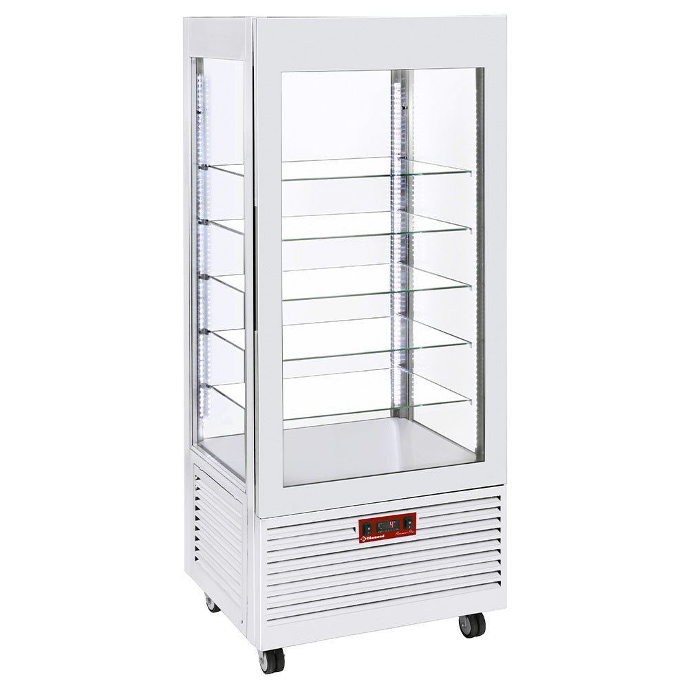 Vitrine 4 faces T° positive, 5 étagères en verre, ventilée, 480 Lit, BLANCHE