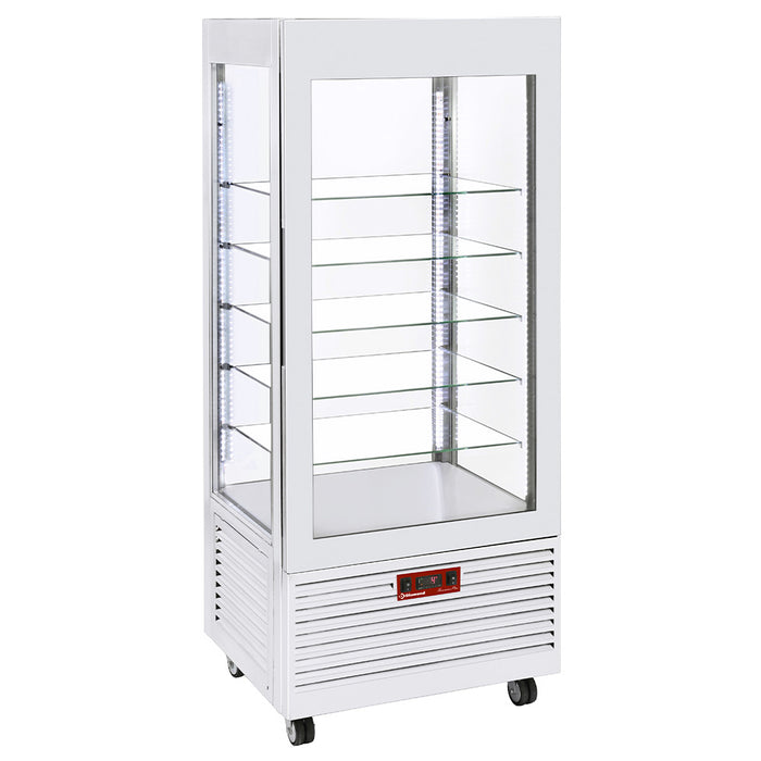 Vitrine panoramique Diamond à 4 faces, 5 étagères en verre, ventilation, capacité 480 litres, blanche.