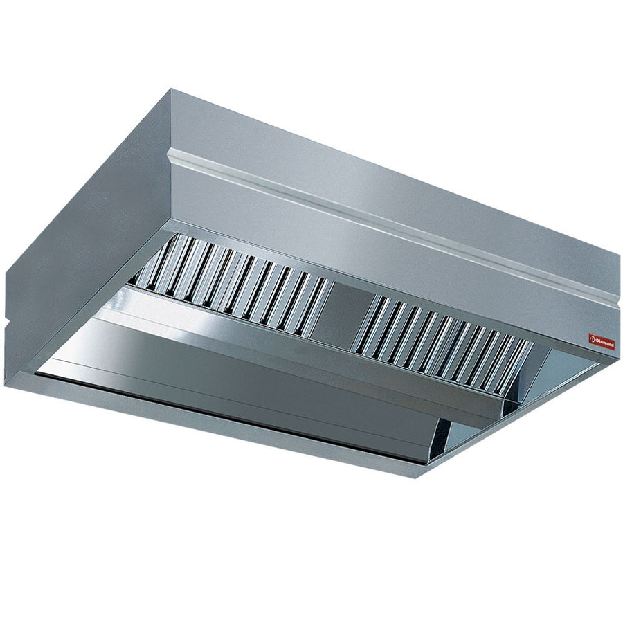 Hotte centrale Diamond KUBO, profondeur 2200 mm, en acier inoxydable, avec filtre et commandes visibles.