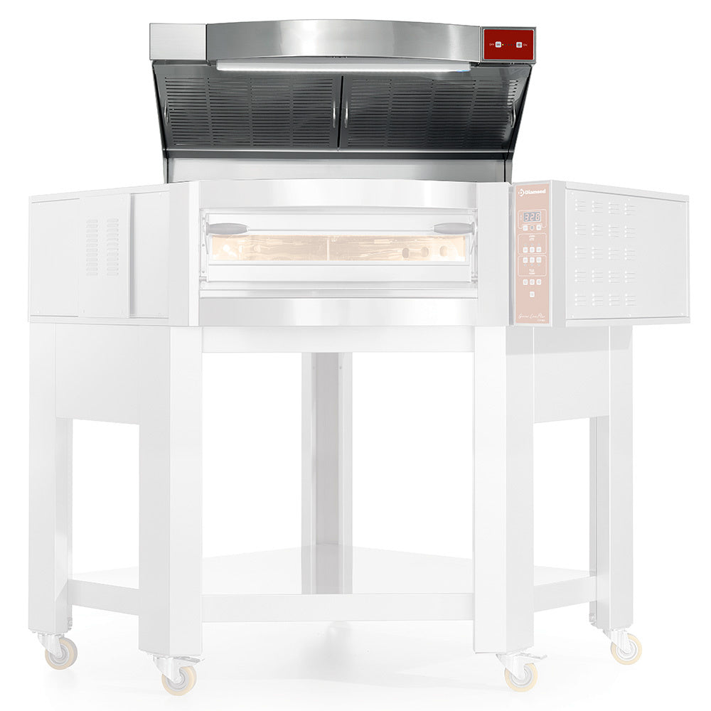 Hotte aspirante Diamond 5 vitesses pour cuisine, visible en installation avec filtres, conçue pour aspirer fumée et odeurs.