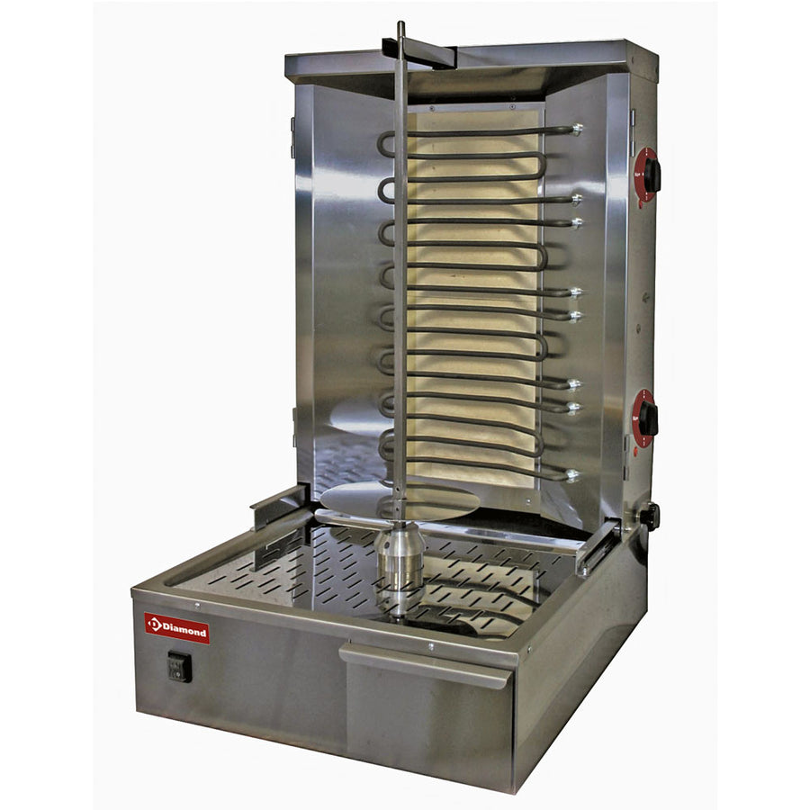 Grill électrique à gyros Diamond, cuisson de 35 kg, avec tourneurs et éléments de chauffage visibles.